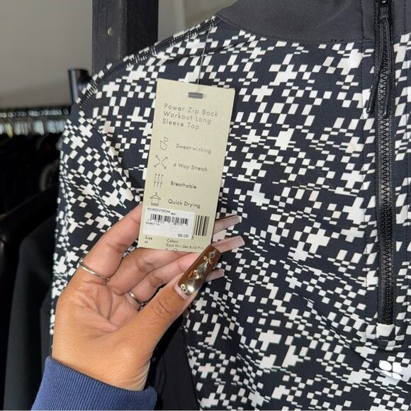 Sweaty Betty Power Zip Back Long Sleeve Crop Top Black Mini Geo Build Print - Picture 8 of 11